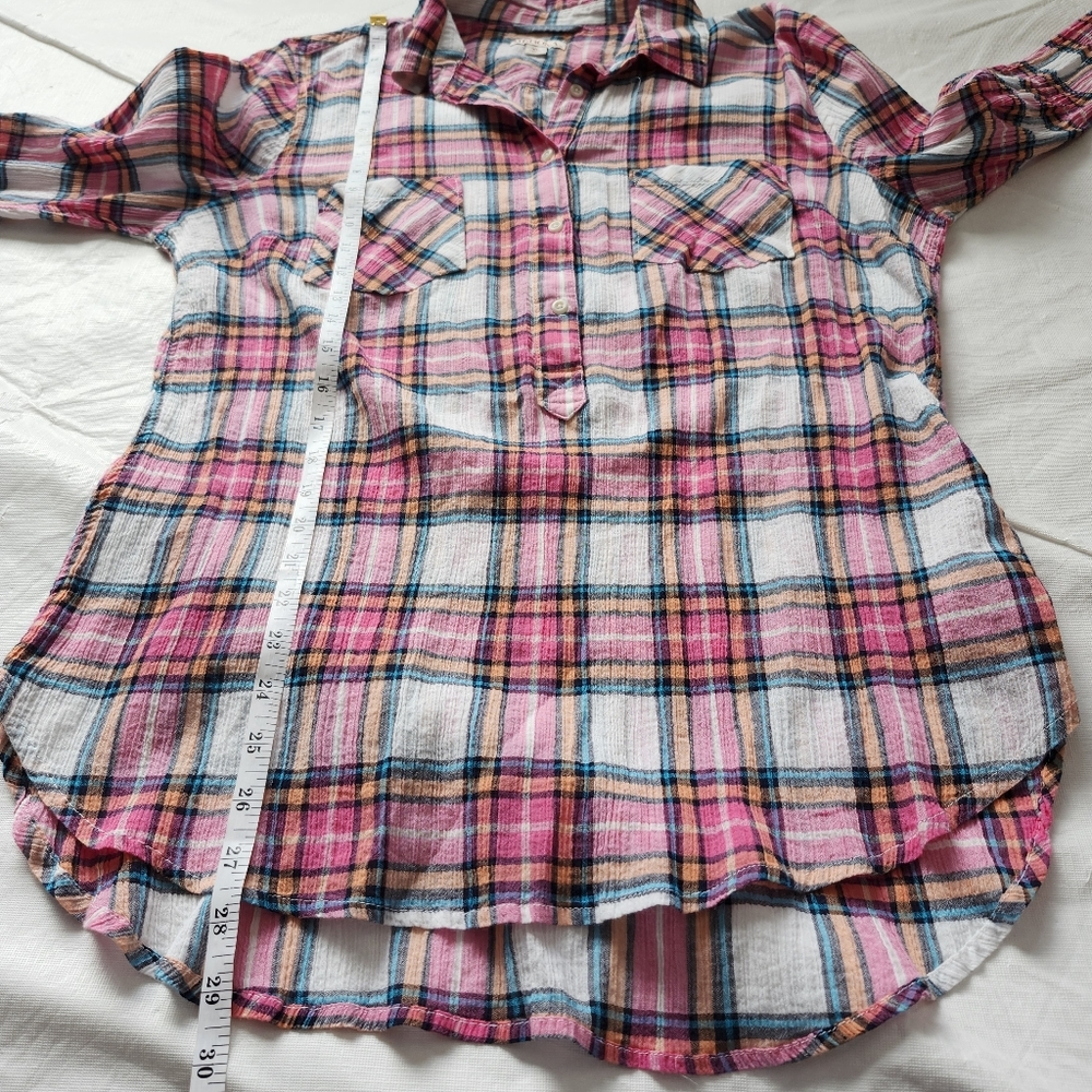 Merona Size XL Pink Plaid Half Button-Up Shirt - Picture 6 of 8